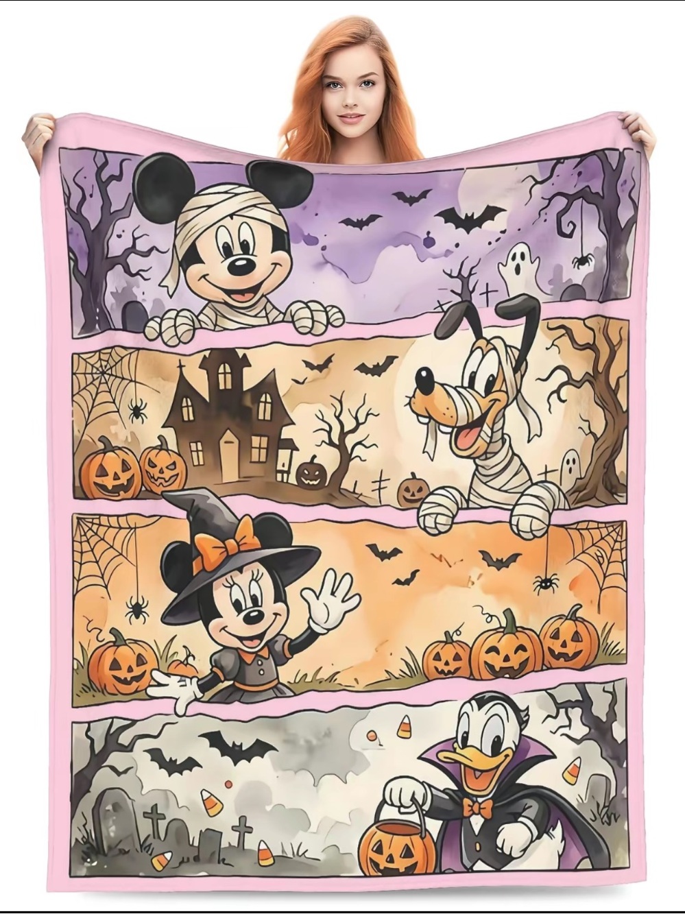 🆕-Disney Halloween Oversized Throw Blanket Mickey, Minnie, Donald & Pluto 60x80